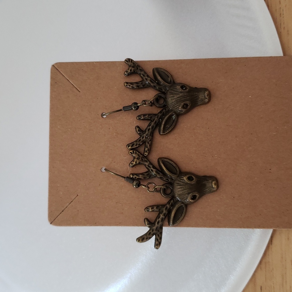 Bronze Reindeer/Stag Charm Dangle Earrings With Fishhook Backing